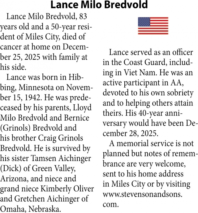 Lance Milo Bredvold, Obituaries, Glendive, MT