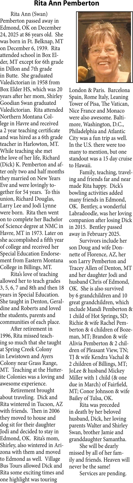 Rita Ann Pemberton, Obituaries, Glendive, MT