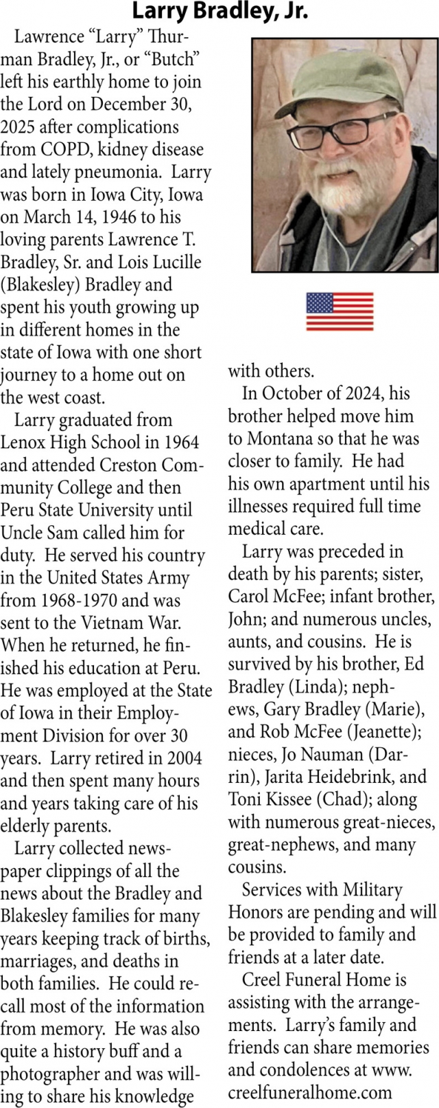 Larry Bardley, Jr., Obituaries, Glendive, MT