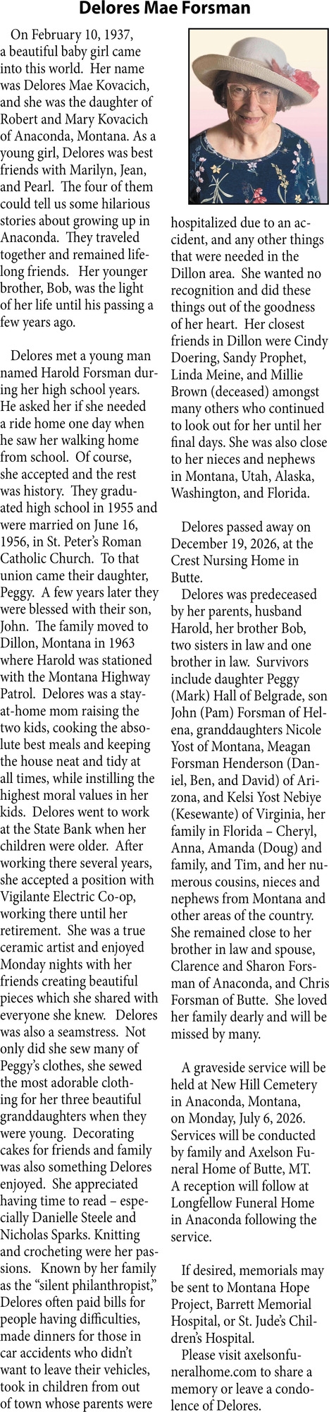 Delores Mae Forsman, Obituaries, Glendive, MT