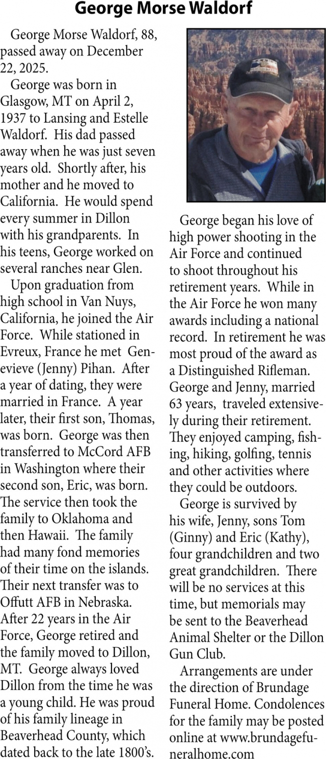 George Morse Waldorf, Obituaries, Glendive, MT