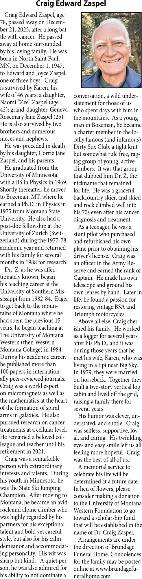 Craig Edward Zaspel, Obituaries, Glendive, MT