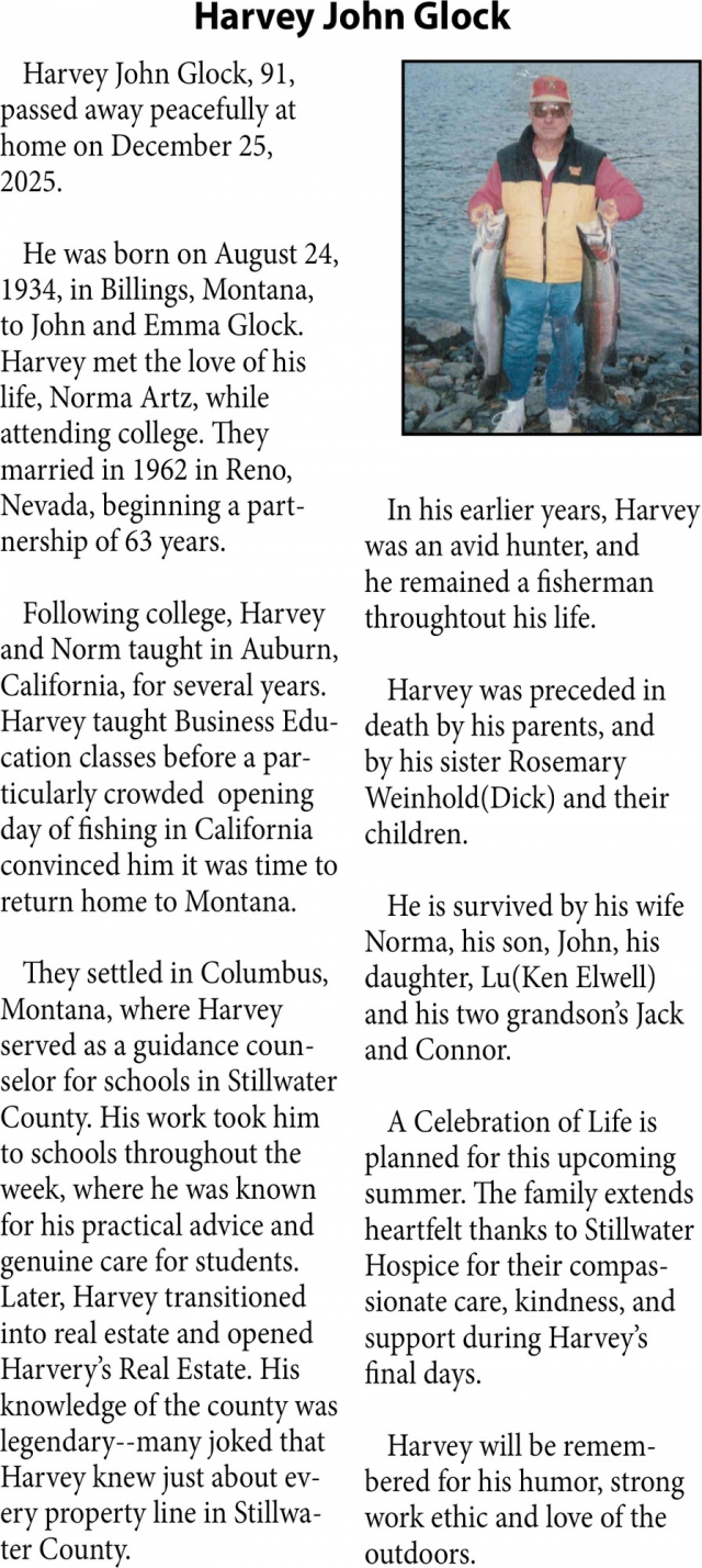 Harvey John Glock, Obituaries, Glendive, MT