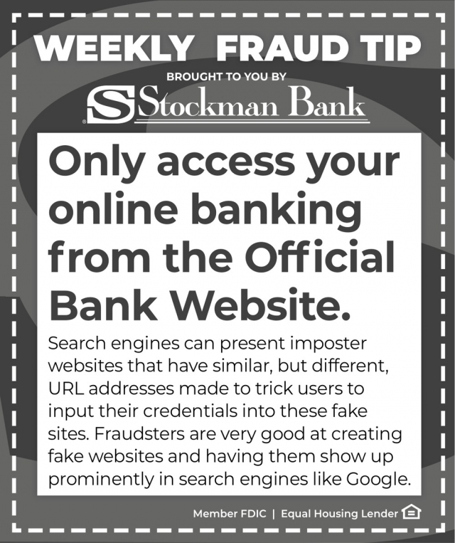 Weekly Fraud Tip, Stockman Bank