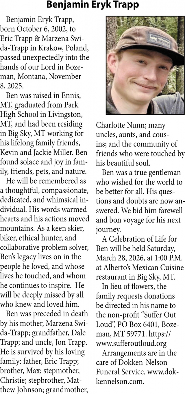 Benjamin Eryk Trapp, Obituaries, Glendive, MT