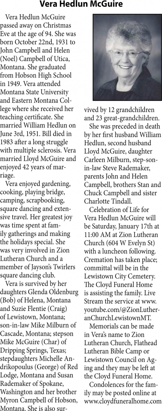 Vera Hedlun McGuire, Obituaries, Glendive, MT