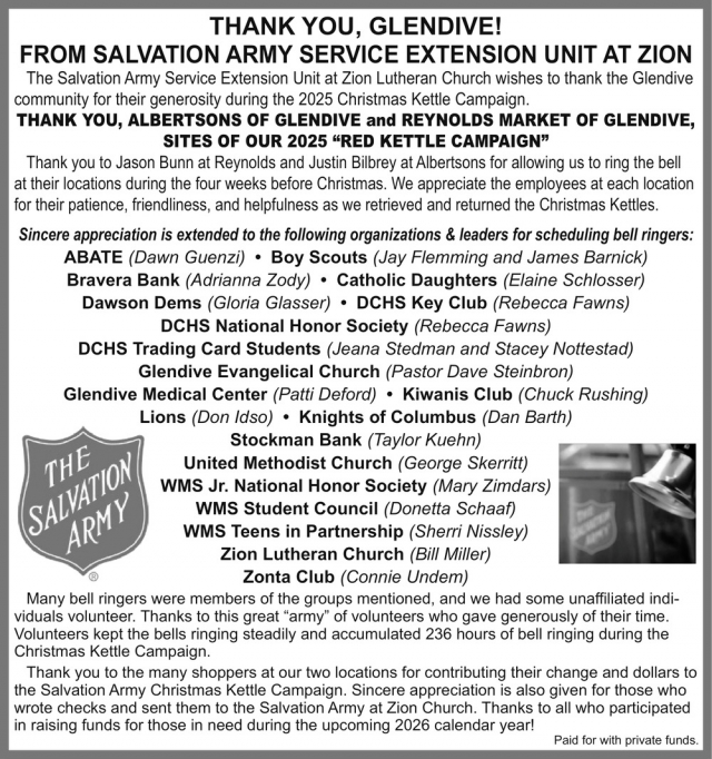 Thank You, Glendive!, Miles City Salvation Army, Miles City, MT