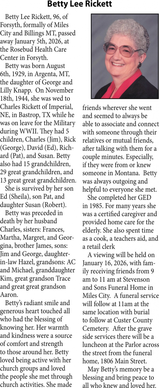 Bett Lee Rickett, Obituaries, Glendive, MT