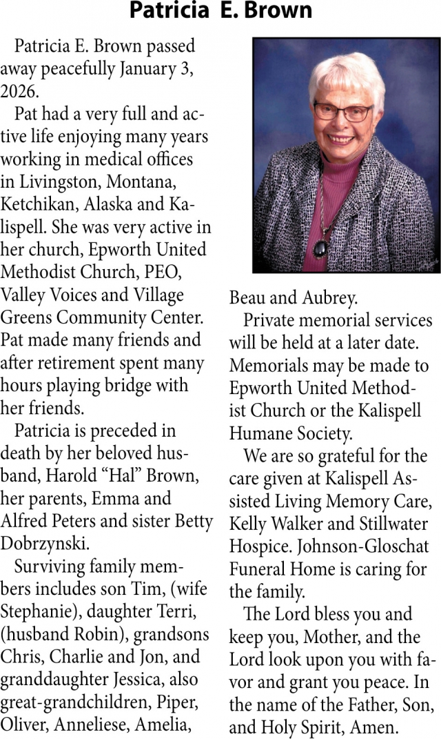 Patricia E. Brown, Obituaries, Glendive, MT