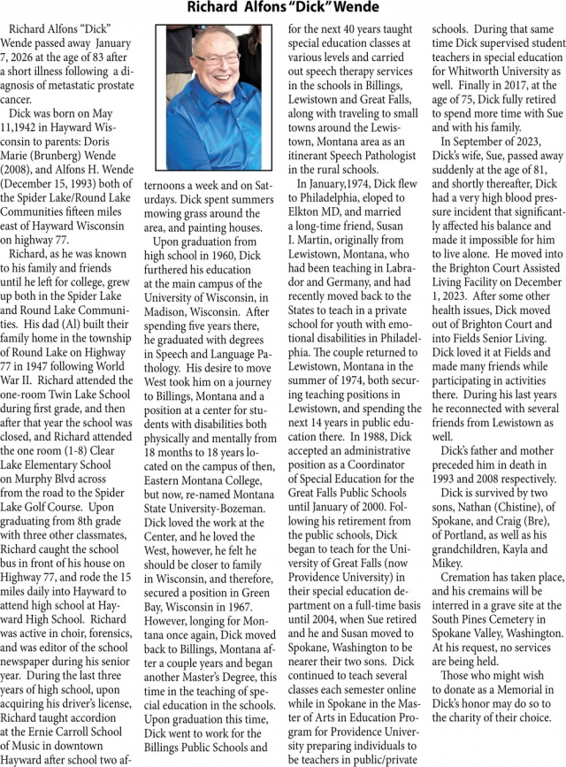 Richard Alfons Wende, Obituaries, Glendive, MT