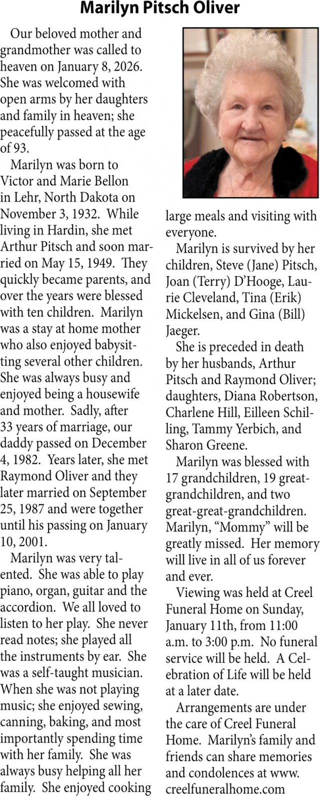 Marilyn Pitsch Oliver, Obituaries, Glendive, MT