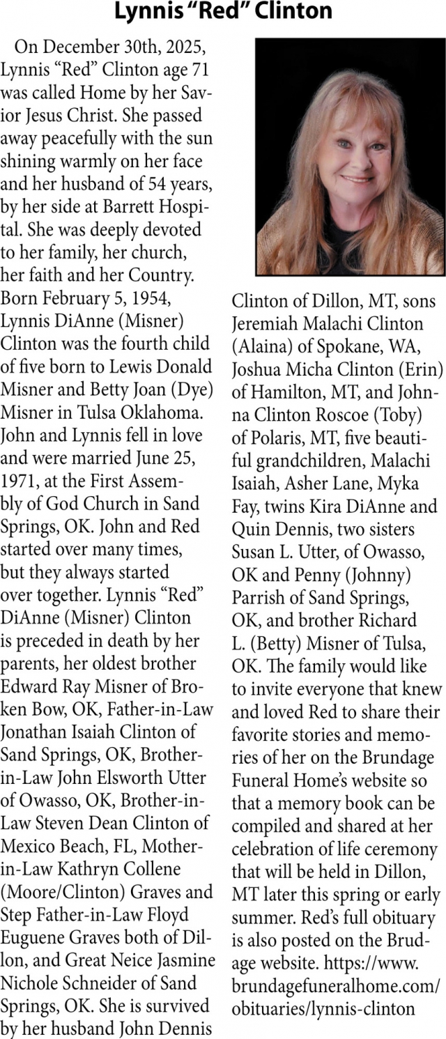 Lynnis Clinton, Obituaries, Glendive, MT