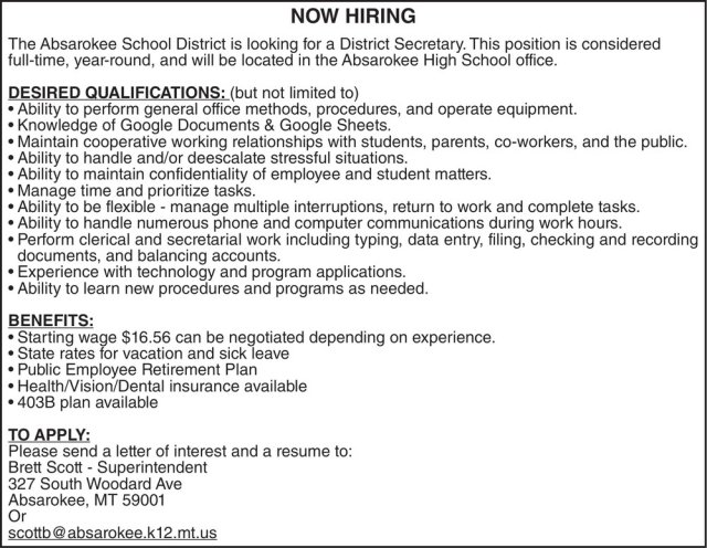 District Secretary, Absarokee Elementary School District, Absarokee, MT