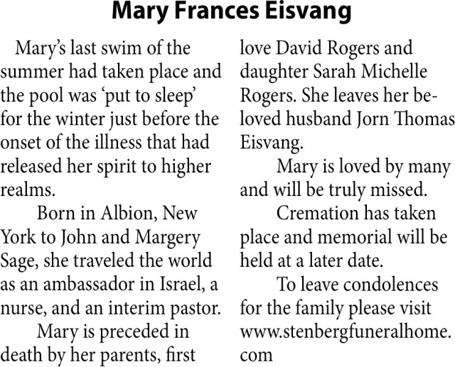Mary Frances Eisvang, Obituaries, Glendive, MT