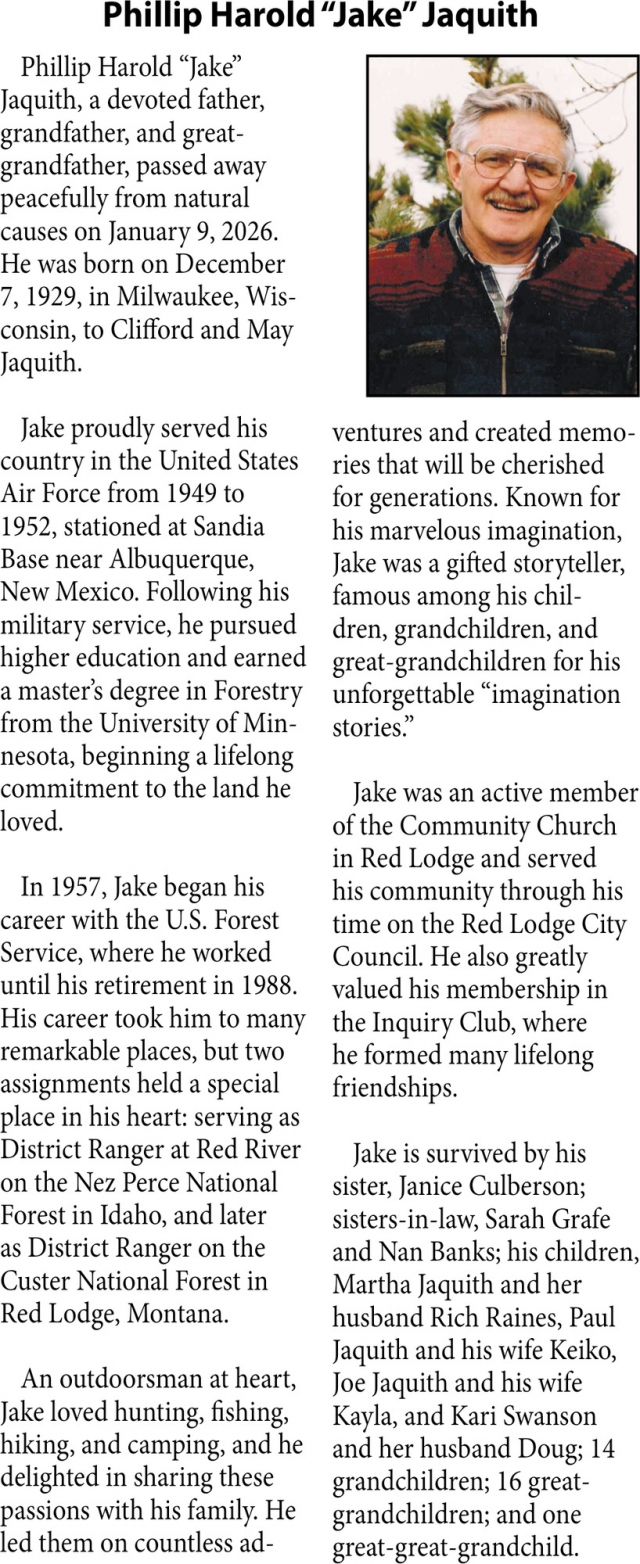 Phillip Harold Jaquith, Obituaries, Glendive, MT