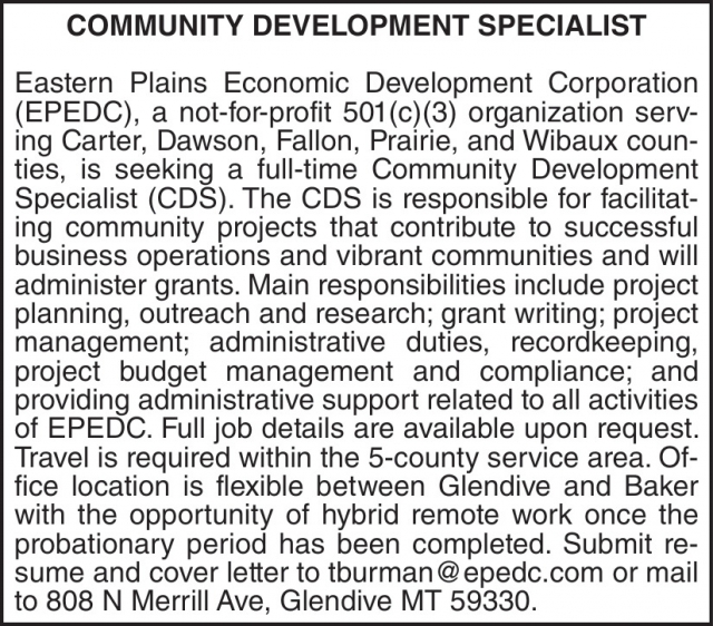 Community Development Specialist, Eastern Plains Economic Development Corporation