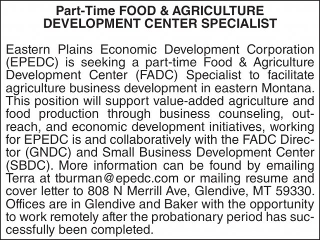 Food & Agriculture Development Ecenter Specialist, Eastern Plains Economic Development Corporation, Glendive, MT