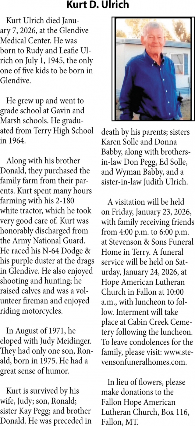 Kurt D. Ulrich, Obituaries, Glendive, MT
