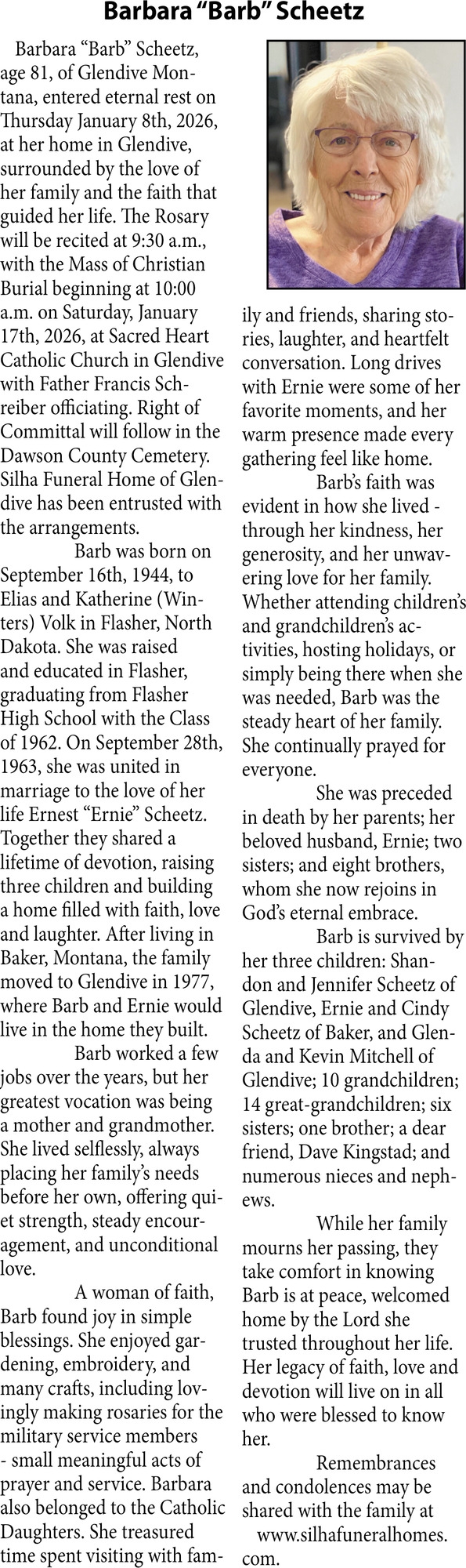 Barbara Scheetz, Obituaries, Glendive, MT
