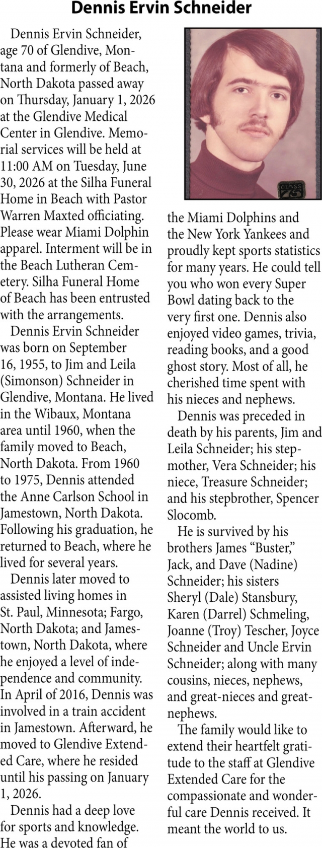 Dennis Ervin Schneider, Obituaries, Glendive, MT