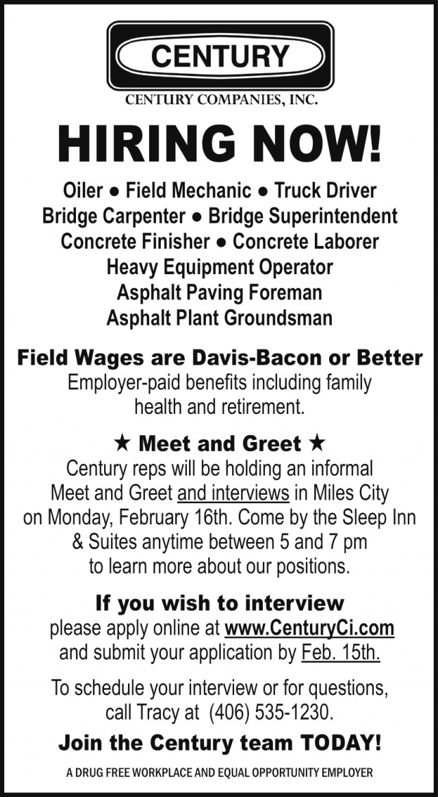 Hiring Now!, Century Companies, Inc, Lewistown, MT