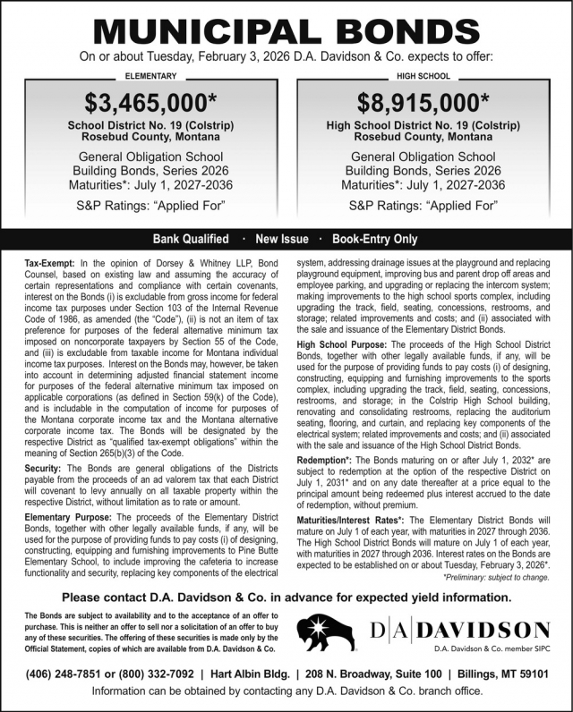 Municipal Bonds, D.A. Davidson & Co., Great Falls, MT
