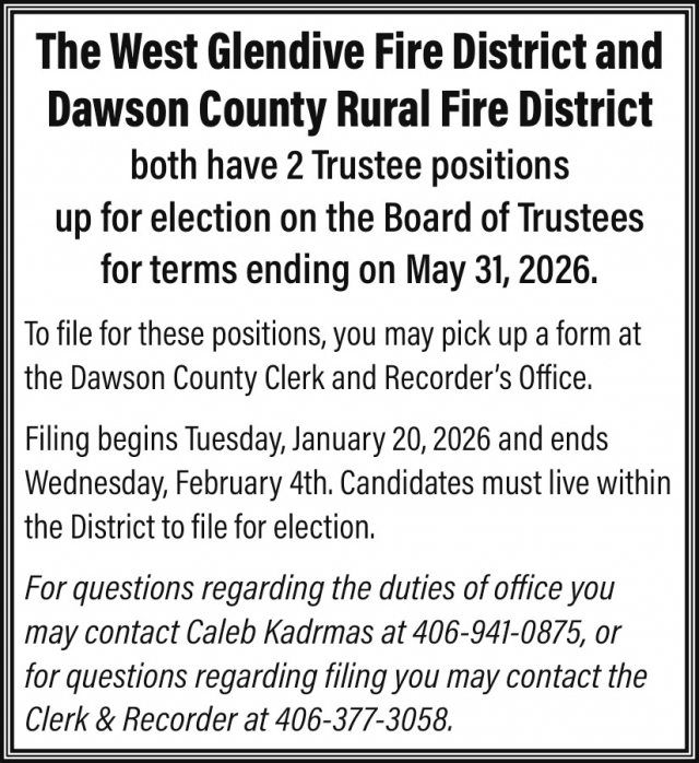Trustee Positions, West Glendive Fire District, Glendive, MT