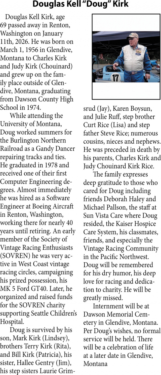 Douglas Kell Kirk, Obituaries, Glendive, MT