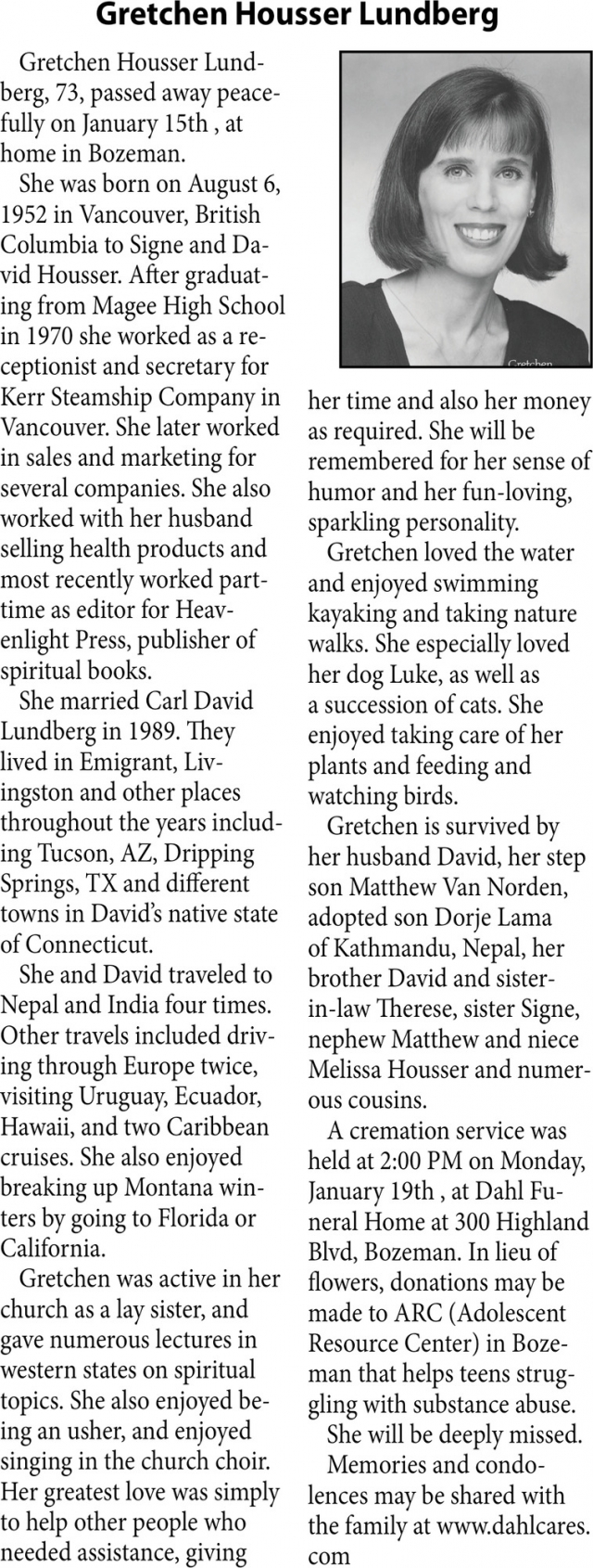 Gretchen Housser Lundberg, Obituaries, Glendive, MT