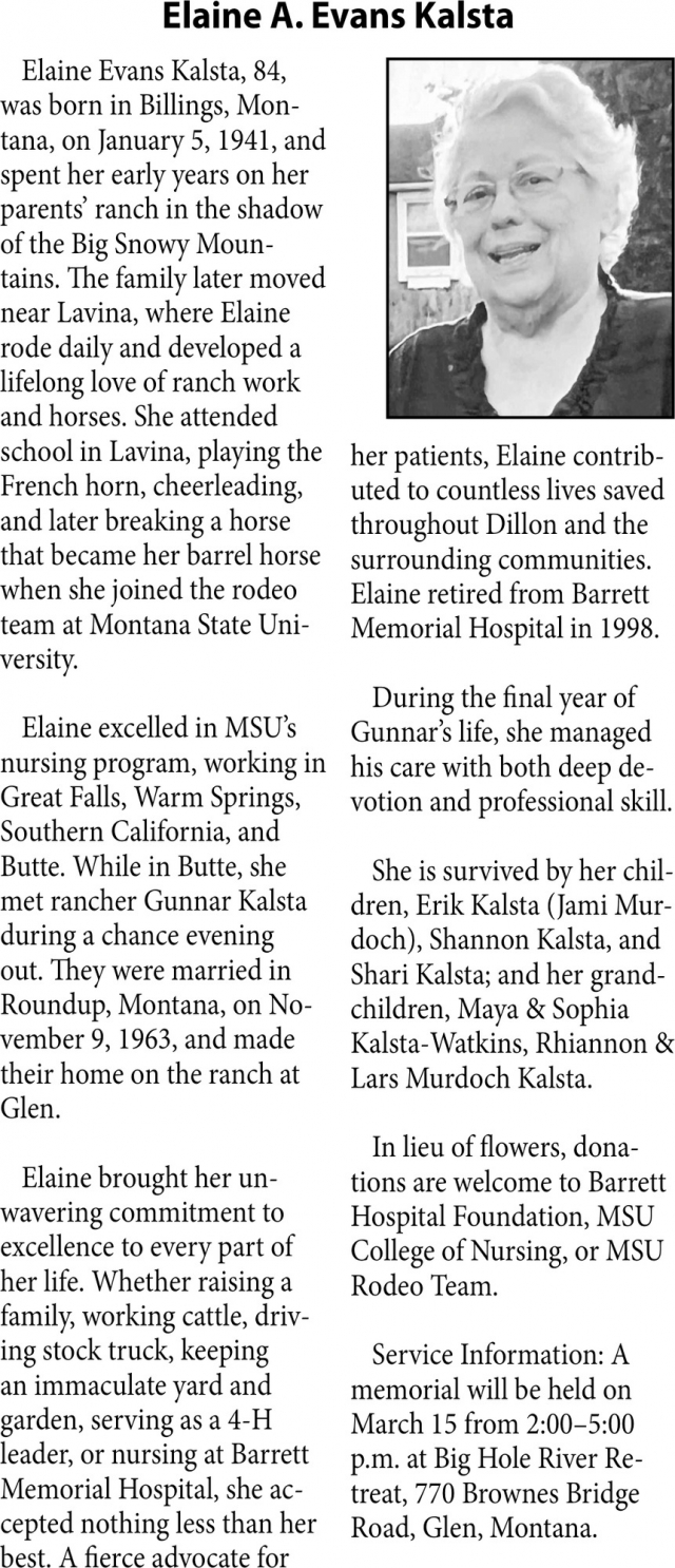 Elaine A. Evans Kalsta, Obituaries, Glendive, MT