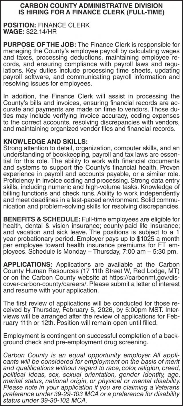 Finance Clerk, Carbon County