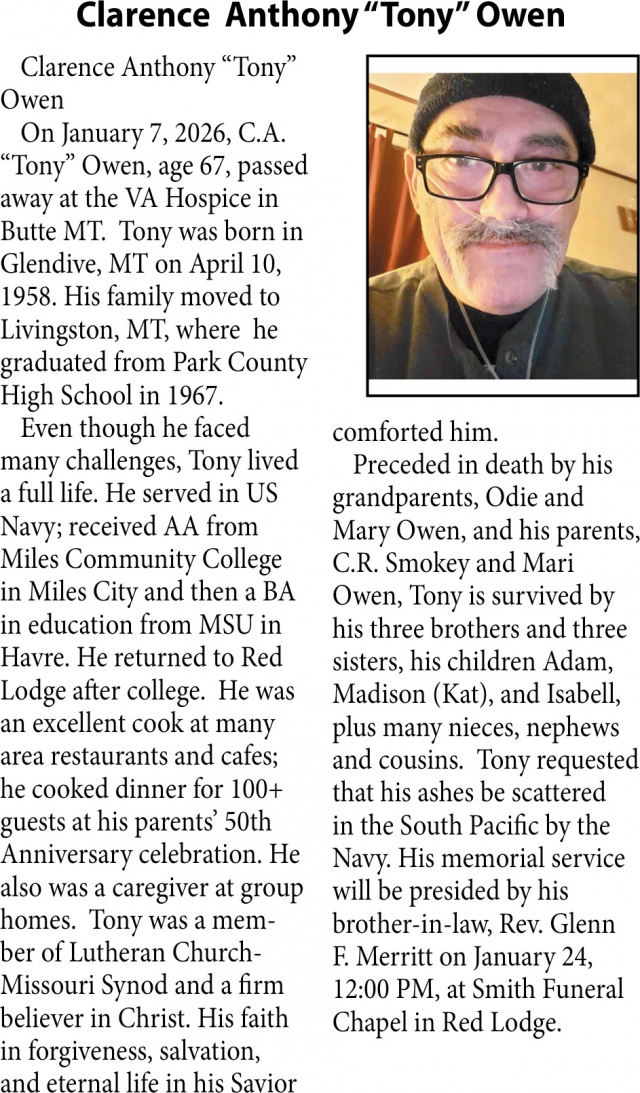 Clarence Anthony Owen, Obituaries, Glendive, MT