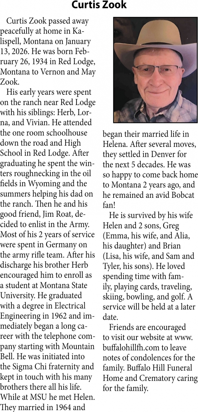 Curtis Zook, Obituaries, Glendive, MT