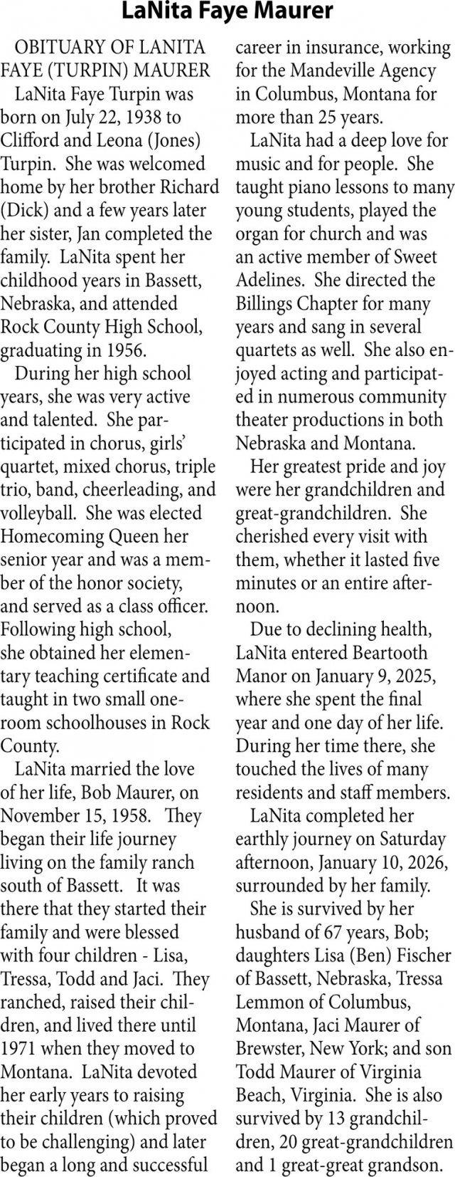 LaNite Faye Maurer, Obituaries, Glendive, MT