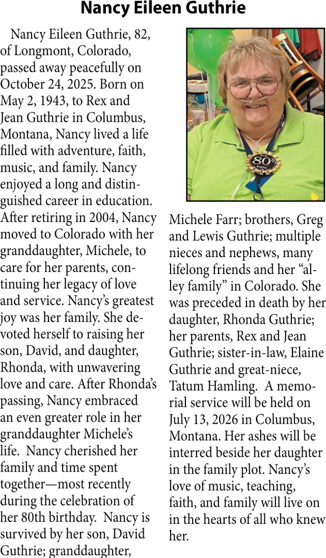 Nancy Eileen Guthrie, Obituaries, Glendive, MT