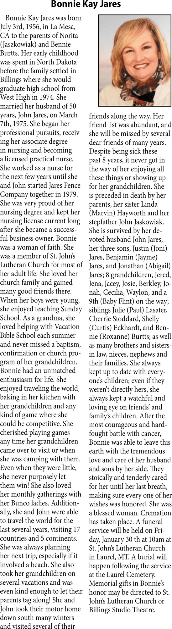 Bonnie Kay Jares, Obituaries, Glendive, MT