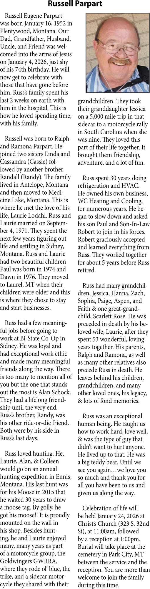 Russell Parpart, Obituaries, Glendive, MT