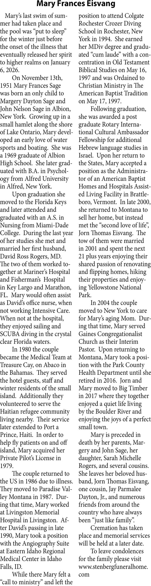 Mary France Eisvang, Obituaries, Glendive, MT