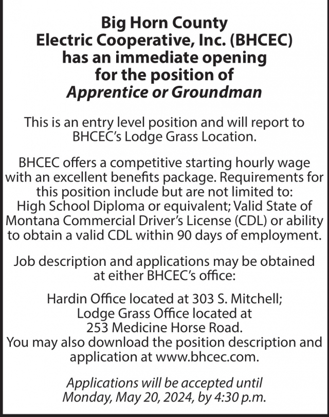 Apprentice Groundman, Big Horn County Electric Cooperative, Inc.