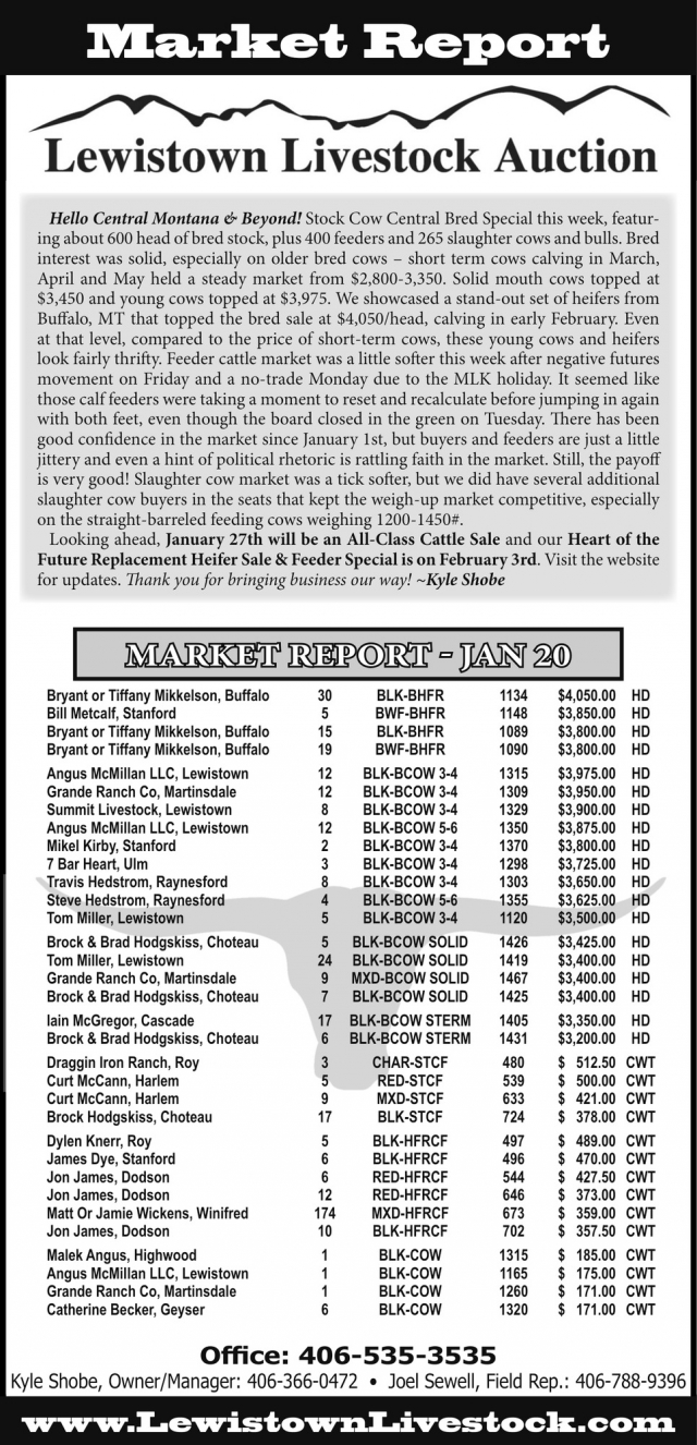 Market Report, Lewistown Livestock Auction, Lewistown, MT