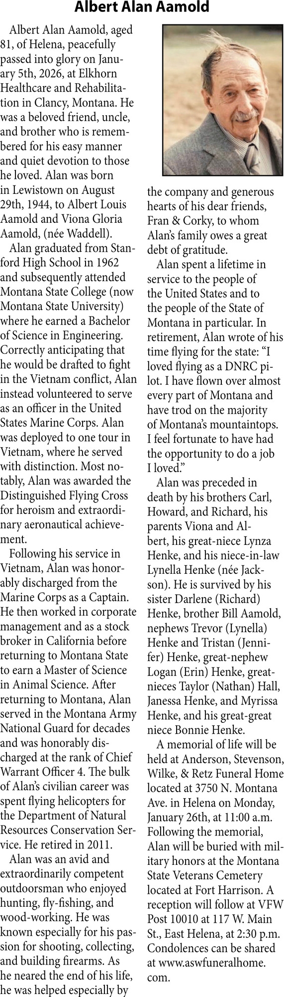 Albert Alan Aamold, Obituaries, Glendive, MT