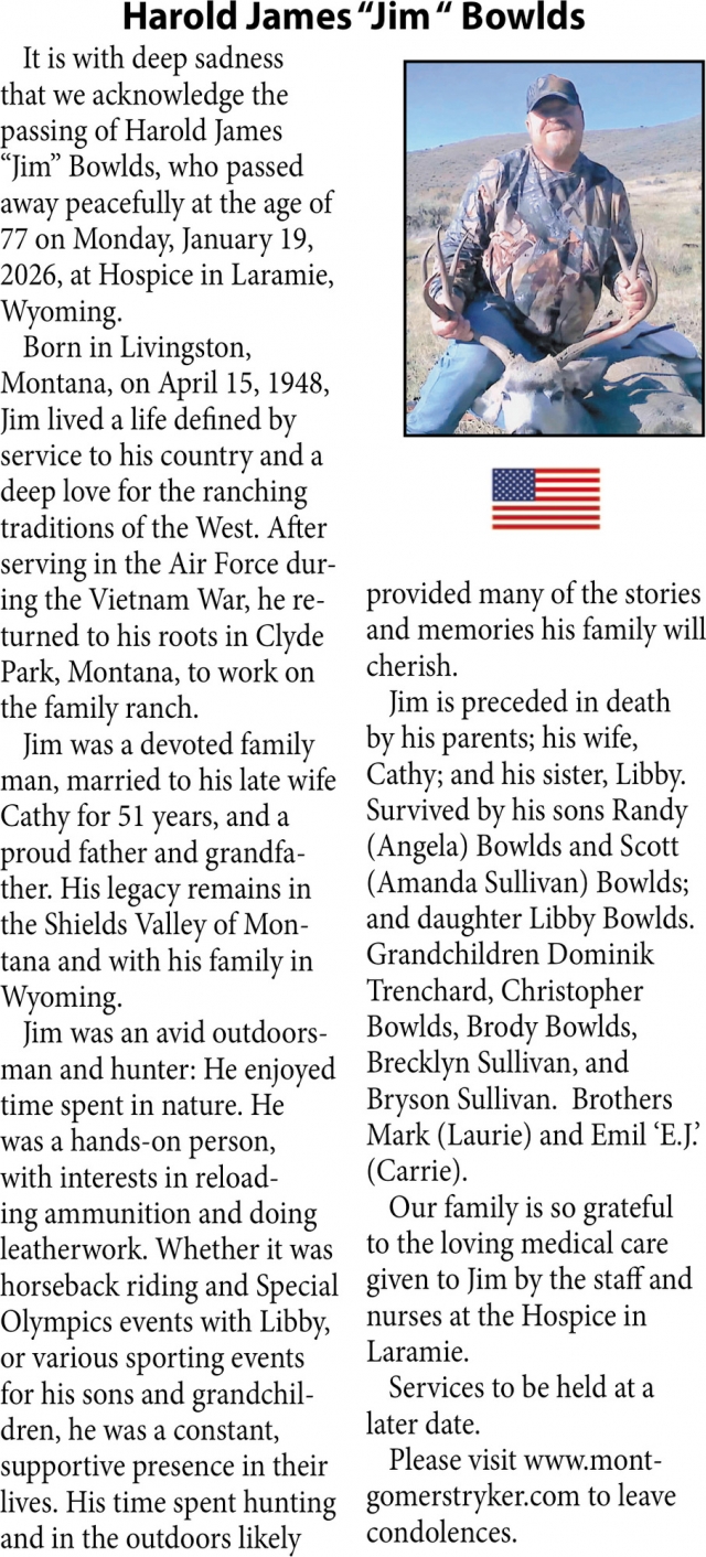 Harold James Bowlds, Obituaries, Glendive, MT