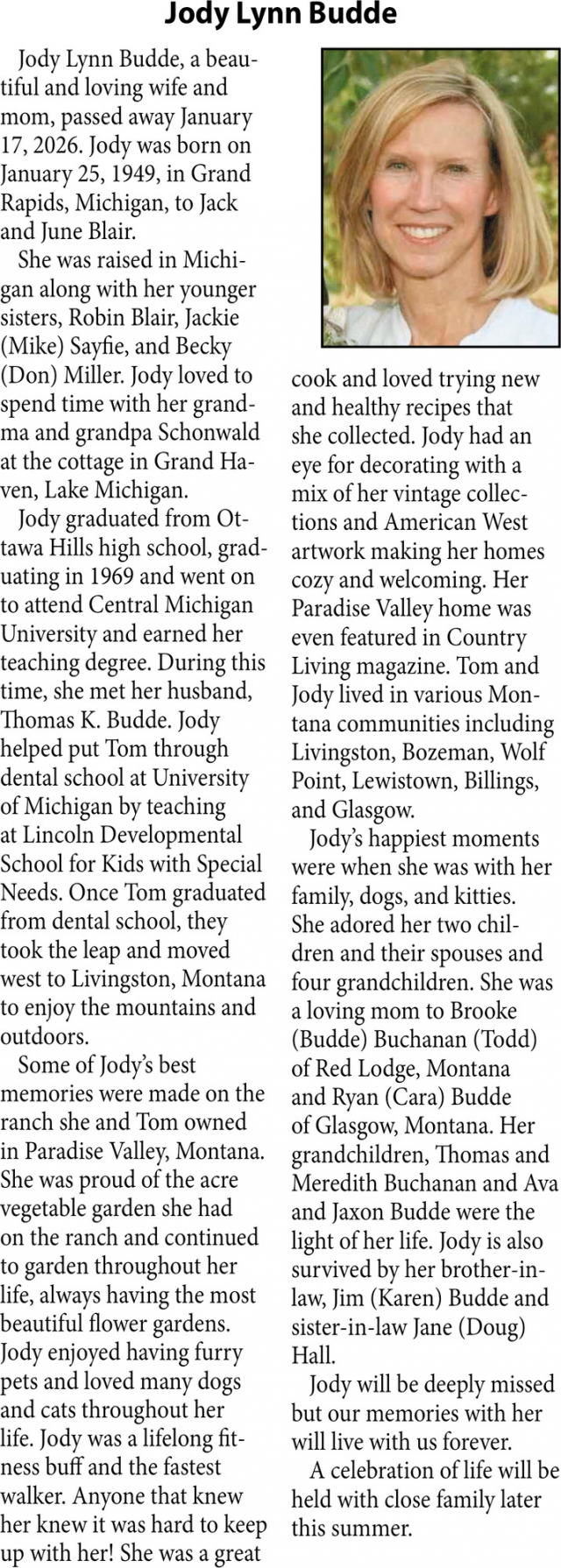 Jody Lynn Budde, Obituaries, Glendive, MT
