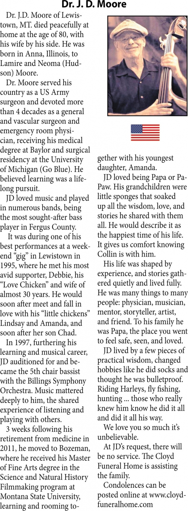 Dr. J.D. Moore, Obituaries, Glendive, MT