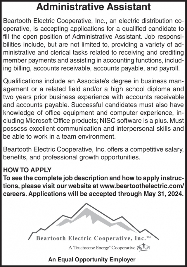 Administrative Assistant, Beartooth Electric Cooperative, Inc., Red Lodge, MT