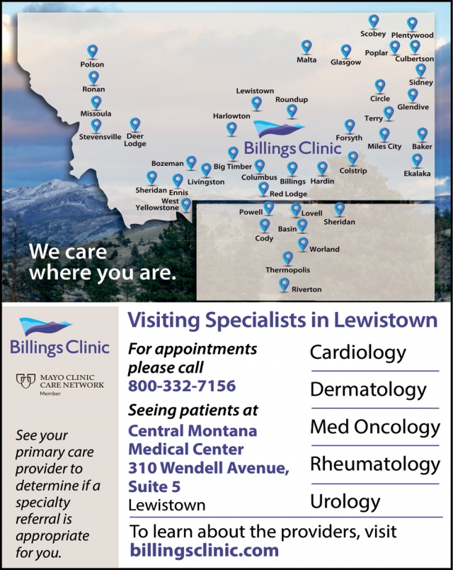Visiting Specialists in Lewistown, Beartooth Billings Clinic, Red Lodge, MT