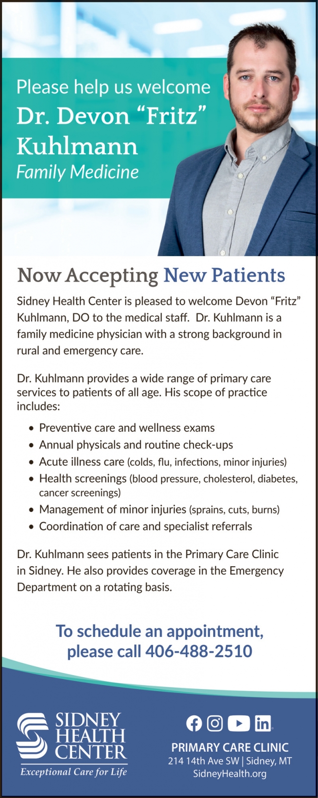 Now Accepting New Patients, Sidney Health Center, Sidney, MT