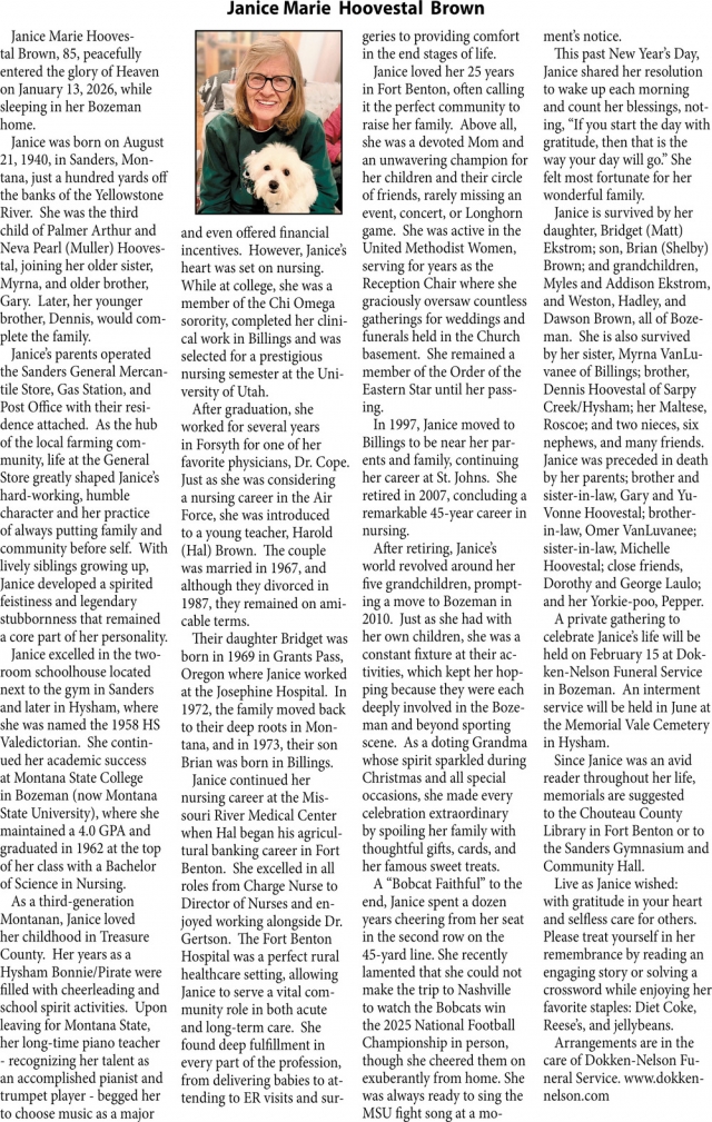 Janice Marie Hoovestal Brown, Obituaries, Glendive, MT