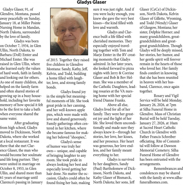 Gladys Glaser, Obituaries, Glendive, MT