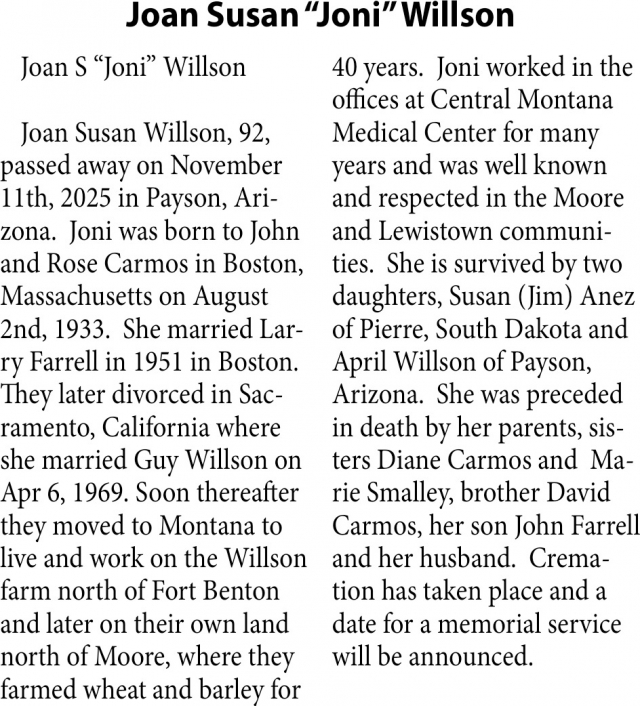 Joan Susan Willson, Obituaries, Glendive, MT